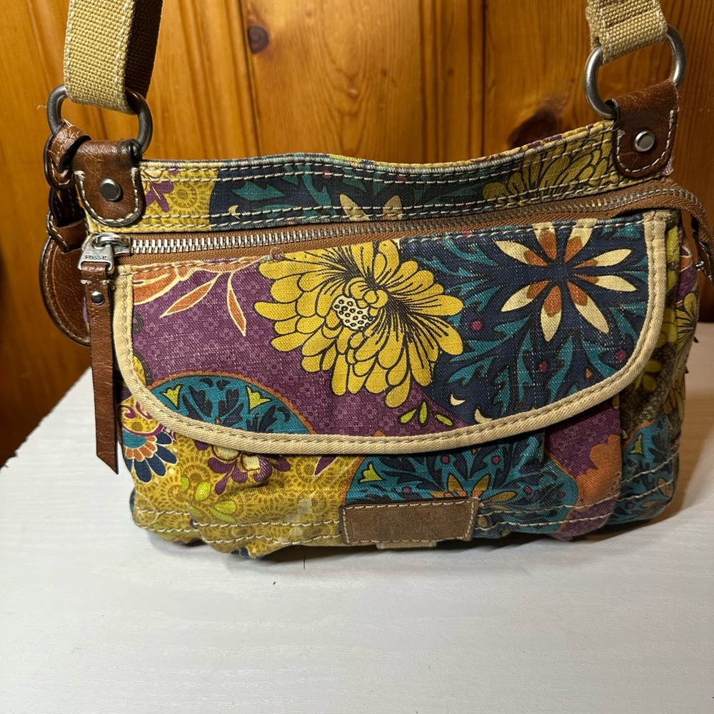 Fossil Floral Patchwork Crossbody in Yellow, Purple, Teal, and Brown